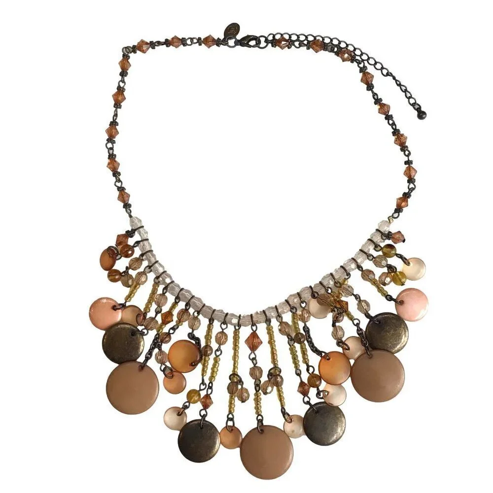 Premier Designs Necklace Beaded Fringe Brown Pink Tones Adjustable Length